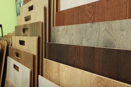 Many different samples of wooden flooring in store