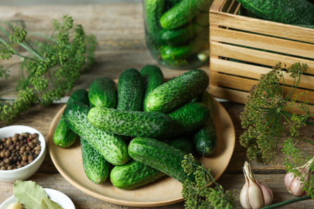 Fresh cucumbers, dill and spices on wooden table, closeup. Preparation for picklingの写真素材