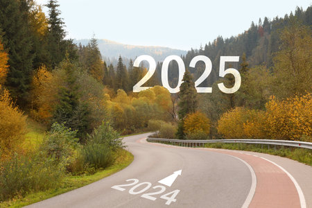 Asphalt road with arrow and 2024 leading to 2025 sign. Concept of new year, fresh beginning