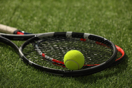 Tennis rackets and ball on green artificial grass, closeupの写真素材