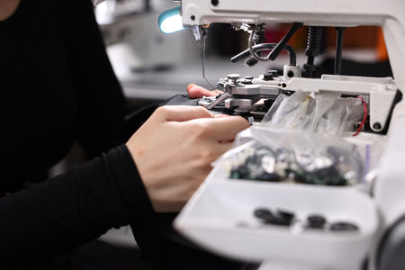 Woman working with sewing machine in professional workshop, closeupの写真素材
