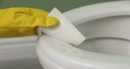 Woman wiping urine drops from toilet seat in restroom, closeupの写真素材