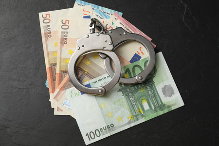 Corruption. Handcuffs and euro banknotes on gray textured table, flat layの写真素材