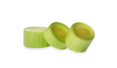 Fresh raw leek slices on white backgroundの写真素材