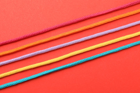 Colorful ropes on red background, top view. Unity concept