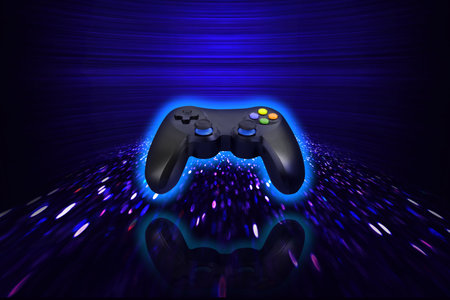 Glowing video game controller on dark blue gradient background with speed light trails, motion blur...