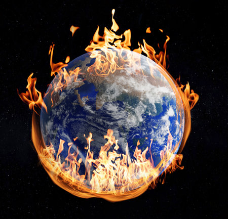 Planet Earth on fire against black background. Conceptual image for global warming.の写真素材