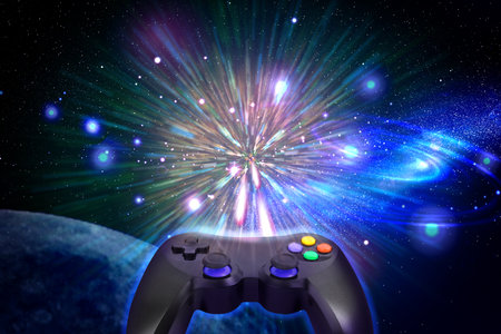 Video game controller flying in space. Playing space flight simulation