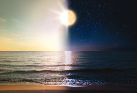Sea on sunny day and night of full moon, combined designの写真素材