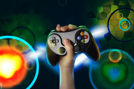 Woman with joystick playing video game, closeup