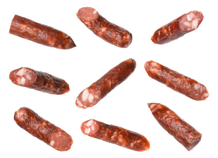 Dry smoked sausage pieces isolated on white, collageの写真素材
