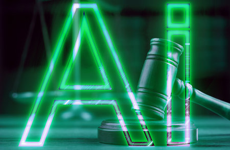 Artificial intelligence and law. Judge's gavel and AI abbreviation, toned in greenの写真素材