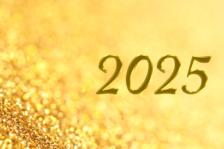 2025 New Year greeting card with golden sparklesの写真素材