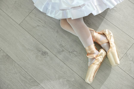 Little ballerina wearing pointe shoes on floor indoors, top view. Space for textの写真素材