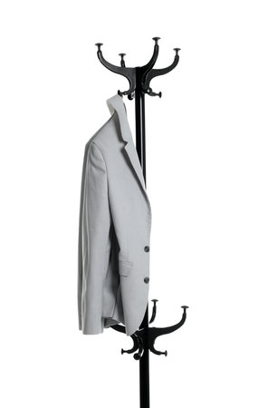 Metal rack with gray jacket isolated on white