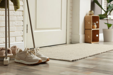 Sneakers on floor in hallwayの写真素材