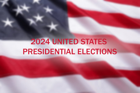 2024 United States presidential elections text against blurred American flagの写真素材
