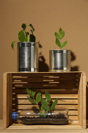 Recycling concept. Metal cans, plastic bottles and crate with plants on wooden tableの写真素材