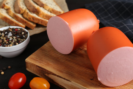 Tasty boiled sausage, tomatoes, spices and bread on black table, closeup