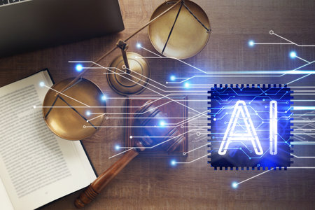 Artificial intelligence and law. AI abbreviation and judge's table with gavel and scales of justiceの写真素材