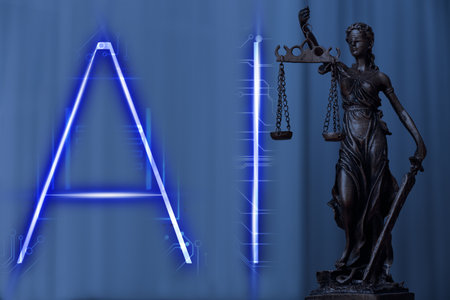 Artificial intelligence and law. Statue of Lady Justice and AI abbreviationの写真素材