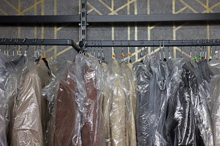 Many different clothes hanging from rack in professional workshop, closeupの写真素材