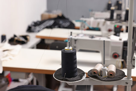 Sewing machines with spools of thread in professional workshop, closeupの写真素材
