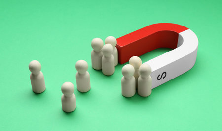 Magnet attracting human figures on green background, closeupの写真素材