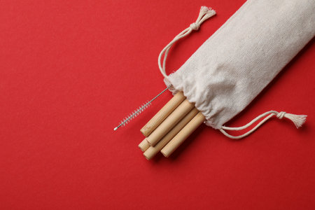 Bamboo drinking straws and cleaning brush in bag on red background, top view. Space for text