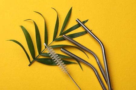 Metal drinking straws, cleaning brush and palm leaf on yellow background, flat layの写真素材