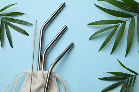 Metal drinking straws, cleaning brush, bag and palm leaves on light blue background, flat layの写真素材
