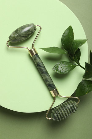 Face roller and ruscus branch on green background, top viewの写真素材