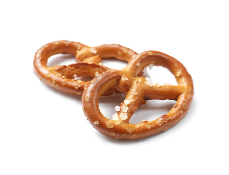 Two delicious pretzel crackers isolated on whiteの写真素材
