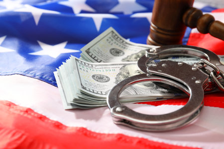 Handcuffs with dollar banknotes and wooden gavel on American flagの写真素材
