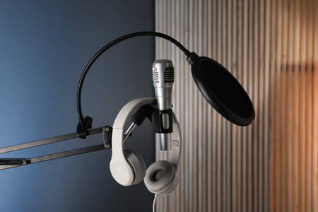 Stand with microphone, headphones and pop filter indoors. Sound recording and reinforcementの写真素材