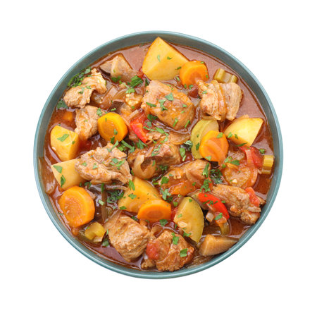 Delicious stew with vegetables isolated on white, top viewの写真素材