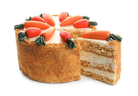 Delicious homemade carrot cake isolated on whiteの写真素材