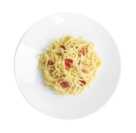 Delicious pasta Carbonara with bacon isolated on white, top viewの写真素材