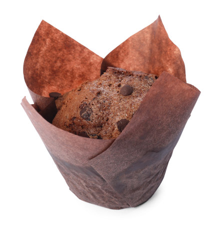 Delicious sweet muffin with chocolate chips isolated on whiteの写真素材