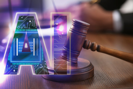 Artificial intelligence and law. AI abbreviation and wooden gavel. Judge working at table, closeupの写真素材