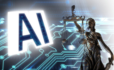 Artificial intelligence and law. Statue of Lady Justice and AI abbreviation against circuit board patternの写真素材
