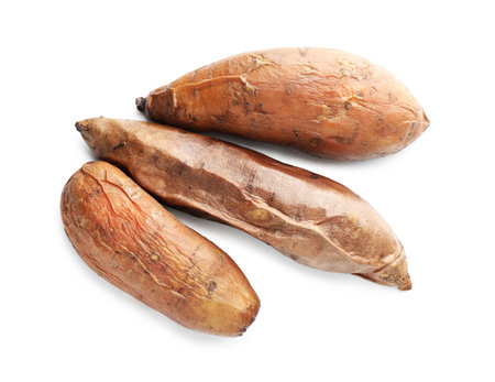 Tasty cooked sweet potatoes isolated on white, top viewの写真素材