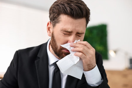 Sick man with runny nose in officeの写真素材