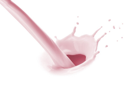 Flow of strawberry milkshake on white backgroundの写真素材
