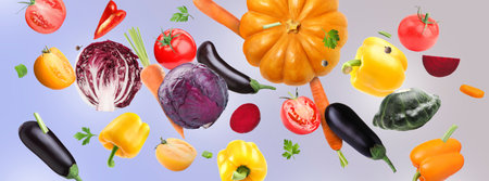 Many different fresh vegetables in air on violet gradient backgroundの写真素材