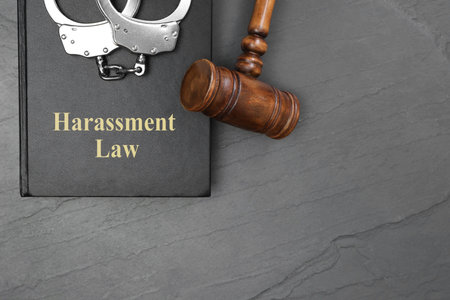 Harassment law book, judge's gavel and handcuffs on gray table, top view. Space for textの写真素材