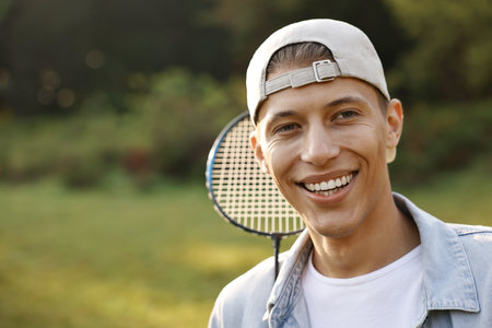 Happy young man with badminton racquet in park, space for textの写真素材