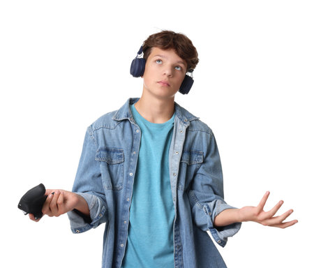 Person wearing headphones with controller on white backgroundの写真素材