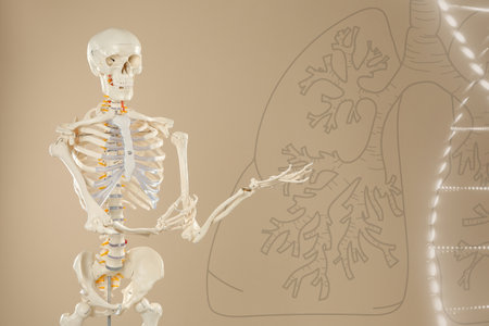 Artificial human skeleton model, illustrations of DNA and lungs on beige background