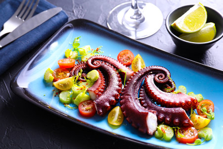 Tasty boiled octopus tentacles and salad served on gray textured table, closeupの写真素材